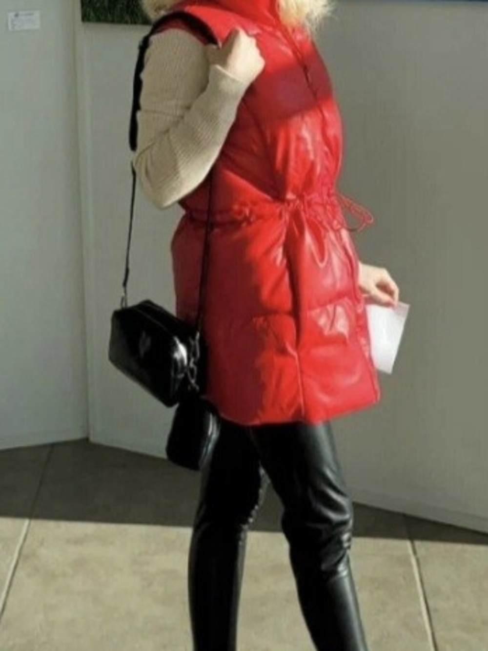 Red Faux Leather Quilted Puffer Vest
